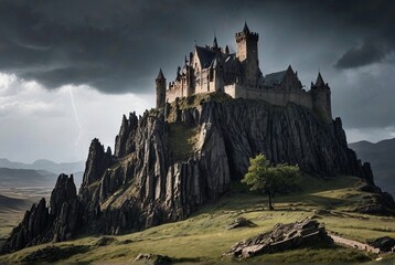 Majestic dark castle perched on craggy hilltop against stormy sky with copy space

