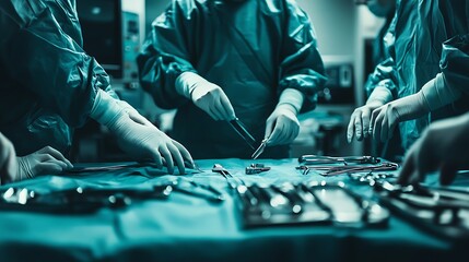 A surgical team preparing for a major operation, with sterile equipment laid out, focusing on precision and teamwork in the operating theater. 