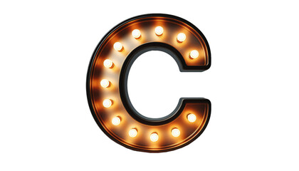 Vintage Steampunk Letter 'C' with Illuminated Incandescent Bulbs in Old American Road Sign Style on Transparent Background