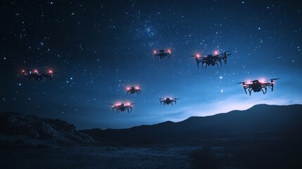 Night Sky with Swarm of Drones Forming Light Show