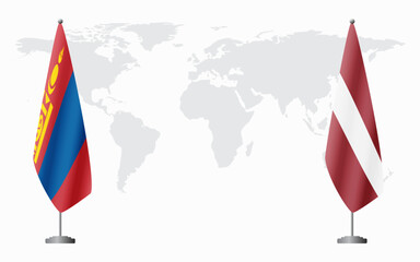 Mongolia and Latvia flags for official meeting against background of world map.