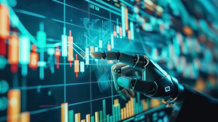 A robotic hand interacts with a screen displaying financial data charts.