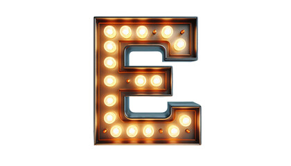 Vintage Steampunk Letter 'E' with Illuminated Incandescent Bulbs in Old American Road Sign Style on Transparent Background