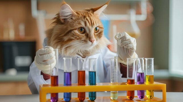 A walking cat student in a lab coat, holding test tubes, ready for a science experiment. - Powered by Adobe