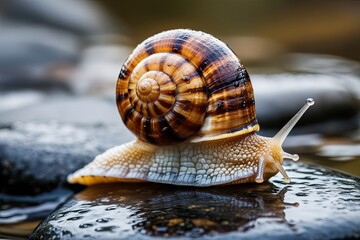 Macro Photography of Snail on Wet Stones in Natural Environment