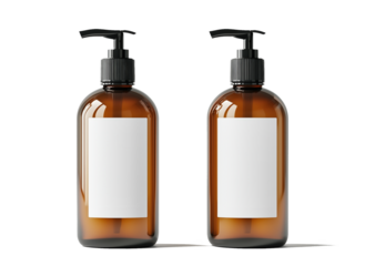 Elegant amber bottles with dispensers ready for product labeling or creative packaging ideas