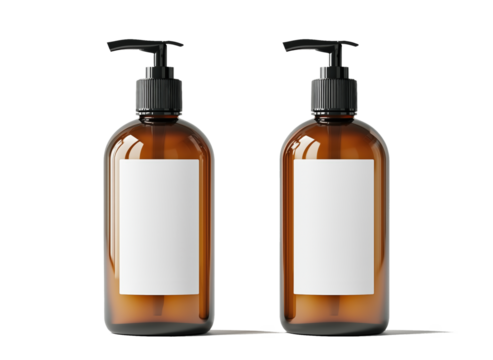 Elegant amber bottles with dispensers ready for product labeling or creative packaging ideas