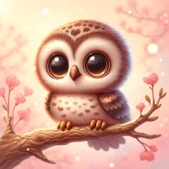 Cute Little Owl with Big Eyes Sitting on a Branch