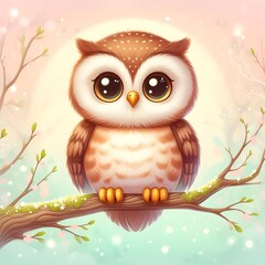 Cute Little Owl with Big Eyes Sitting on a Branch