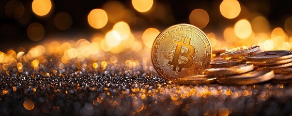 Golden Bitcoin on sparkling surface illustrating cryptocurrency value and investment opportunities in a vibrant and modern economy.