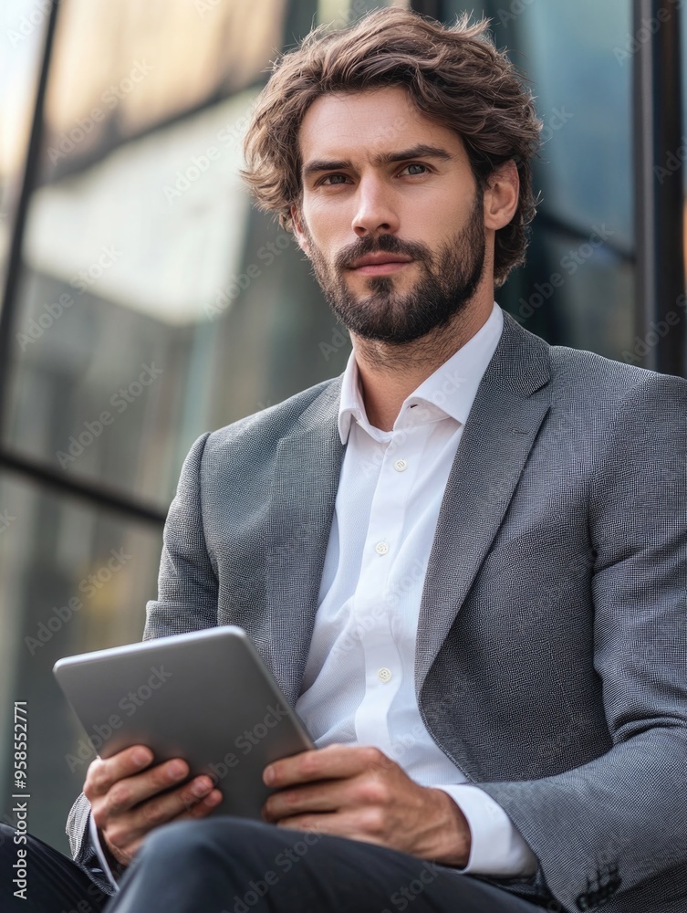 Wall mural Elegant Bearded Man with Tablet in Modern Business Attire