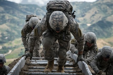 Soldiers in camouflaged uniforms and combat gear climb over ladders and obstacles during a strenuous training session, demonstrating endurance, strength, and team coordination.