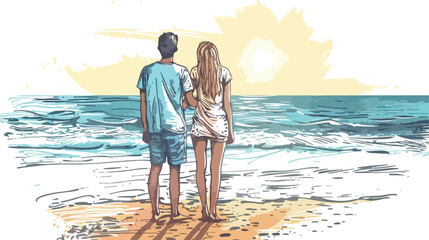Young Couple Standing at Beach Hand-drawn Vector Illustration