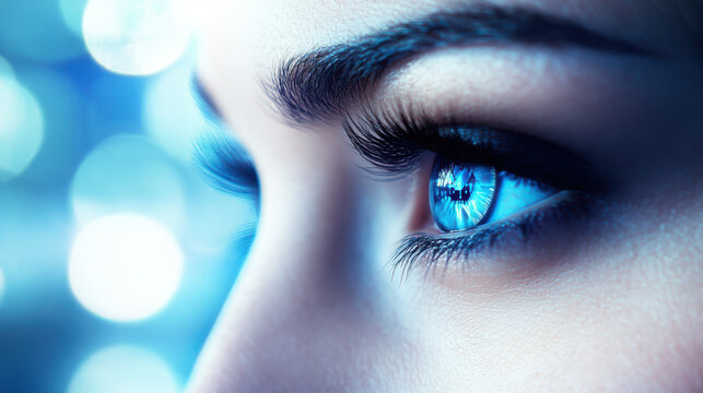 Close-up of a woman's blue eye with digital lines and glowing effects.