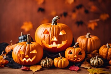 Fototapeta premium Vibrant Halloween Jack O Lanterns with Autumn Leaves on Orange Background, Spooky Festive Theme for Seasonal Decorations