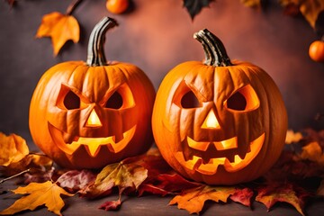 Vibrant Halloween Jack O Lanterns with Autumn Leaves on Orange Background, Spooky Festive Theme for Seasonal Decorations