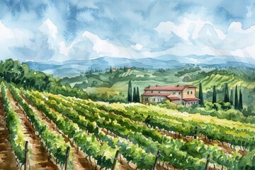 Naklejka premium Rural Landscape with Vineyard and Tuscan Villa. Watercolor Hand-drawn Illustration