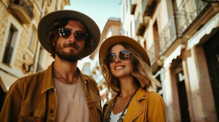 Obraz premium Photo of a young couple wearing hats and sunglasses walking in the city.