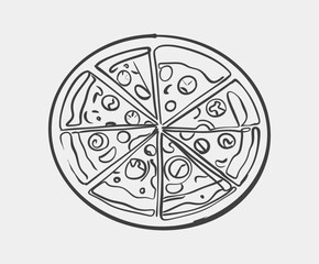 A detailed black and white drawing depicting a pizza, showcasing several slices that have been taken out and removed from it