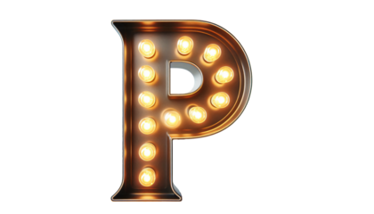 Vintage Steampunk Letter 'P' with Illuminated Incandescent Bulbs in Old American Road Sign Style on Transparent Background
