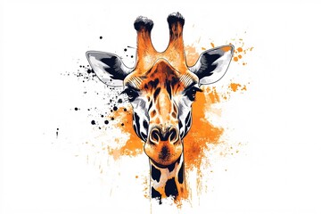 Naklejka premium Vibrant Giraffe Portrait with Splashes of Orange Watercolor