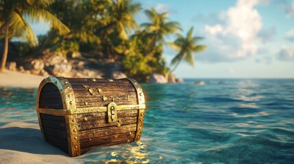 Fototapeta premium Lost Golden Treasure Chest Unearthed on Deserted Island - 3D Rendered Illustration of Adventure and Wealth Discovery