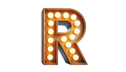 Vintage Steampunk Letter 'R' with Illuminated Incandescent Bulbs in Old American Road Sign Style on Transparent Background