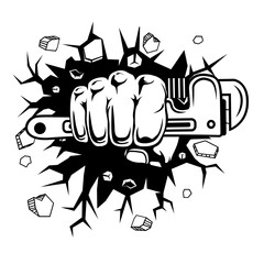 Fist Plumbing | Cracked Wall | Hand Smashing Wall | Plumber | Pipe Wrench | Hand Fist | Repairman | Plumbing Tool | Original Illustration | Vector and Clipart | Cutfile and Stencil