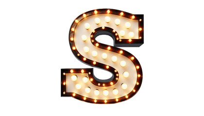 Vintage Steampunk Letter 'S' with Illuminated Incandescent Bulbs in Old American Road Sign Style on Transparent Background