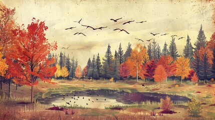 A vintage-style watercolor of an autumn forest with a small lake, the trees in vibrant shades of orange and red, and migrating birds flying overhead.