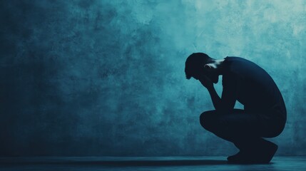A silhouette of a man crouched down with his head in his hands against a moody, blue-toned background, representing despair and mental struggle.