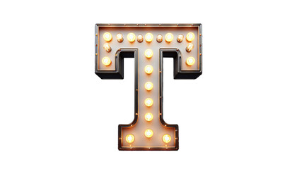 Vintage Steampunk Letter 'T' with Illuminated Incandescent Bulbs in Old American Road Sign Style on Transparent Background
