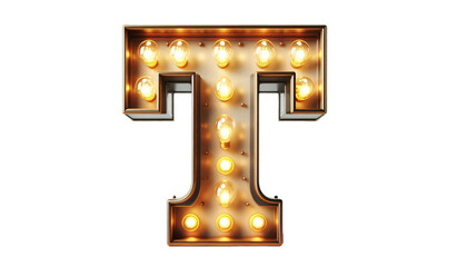 Vintage Steampunk Letter 'T' with Illuminated Incandescent Bulbs in Old American Road Sign Style on Transparent Background