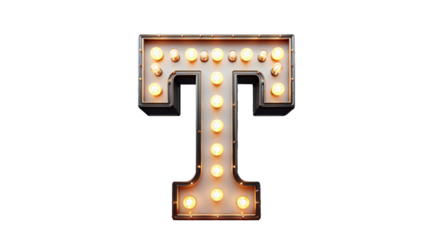 Vintage Steampunk Letter 'T' with Illuminated Incandescent Bulbs in Old American Road Sign Style on Transparent Background