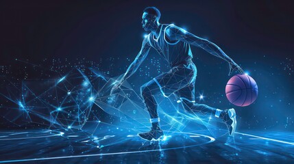 A basketball player dribbling a ball with digital effects.