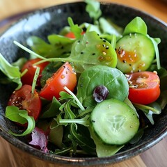 Fresh vibrant green salad with crisp leafy greens and colorful veggies.