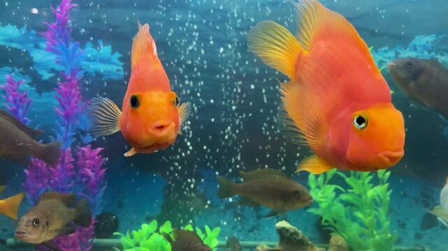 Cheerful orange parrot fish in an aquarium. Red parrot cichlid. Aquarium fish.