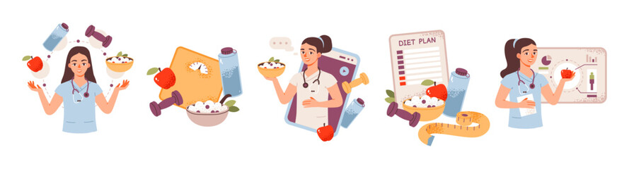 Nutritionist concept. Healthy eating, balanced diet plan, weight loss program. Weight management and  wellness. Flat vector doctor set