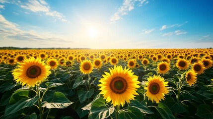 Fototapeta premium Aerial shot of a sprawling sunflower field with intricate geometric patterns formed by rows of sunflowers, set against a bright azure sky, Digital Art, High resolution, Sharp detailas