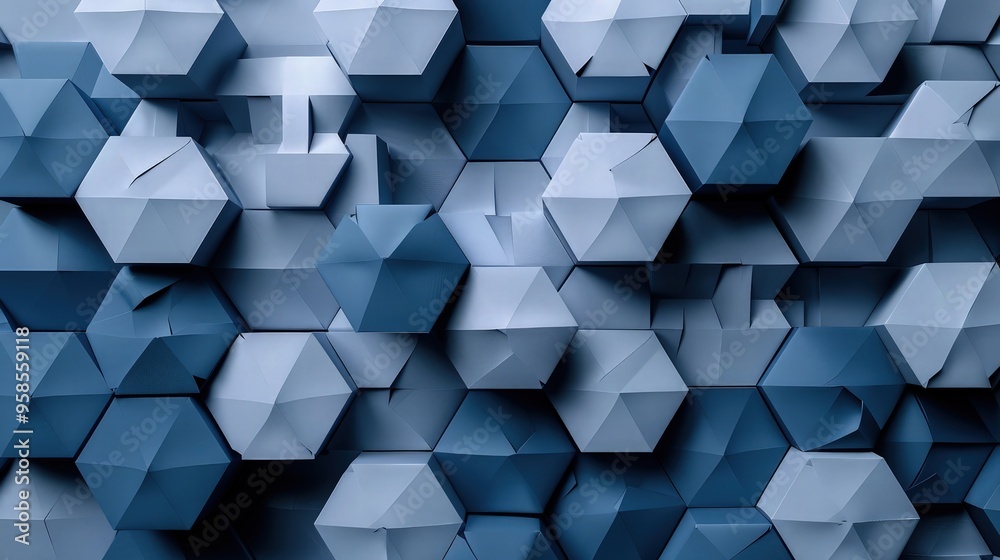 Wall mural a structured paper abstract background with interlocking paper hexagons in shades of blue and grey, 