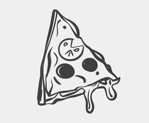 A detailed black and white drawing depicting a pizza, showcasing several slices that have been taken out and removed from it