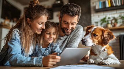 Fototapeta premium Happy family moment with golden retriever using tablet in a cozy living room