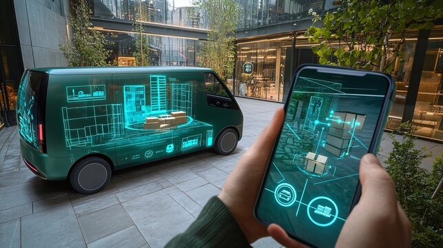 A self-driving van delivers packages to specific locations within a city using a smartphone app that displays order information and tracks the vehicle's GPS location, showing the future of delivery