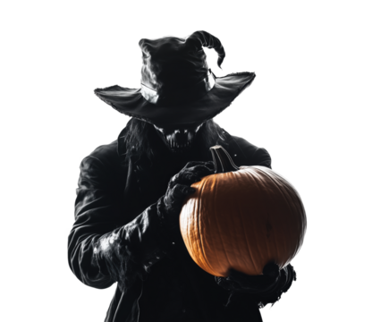 Mysterious figure holding a carved pumpkin in a haunting Halloween atmosphere