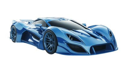 A sleek blue racing car showcasing aerodynamic design at a virtual event in the late afternoon sun