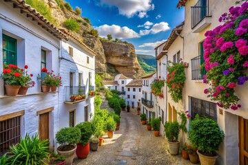 Ancient whitewashed houses stacked upon limestone cliffs, narrow cobblestone streets, and vibrant flowers create a