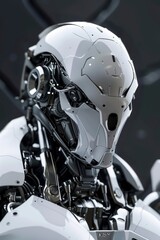 A close-up of a white futuristic robot head with intricate details and a sleek, modern design.