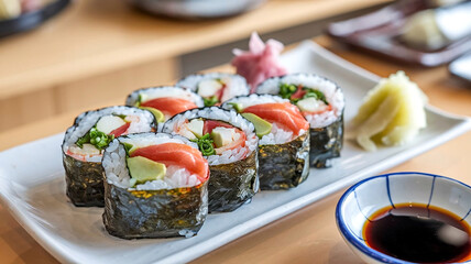 A close-up of colorful sushi rolls with fresh fish and rice on a plate, set against a soft, ambient Japanese restaurant background. 