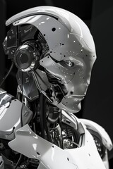A close-up portrait of a humanoid robot, showcasing its intricate mechanical details and a slightly unsettling human-like face.
