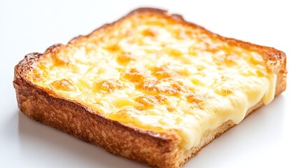 Croque-monsieur isolated on a clean white background, emphasizing its golden crust and gooey cheese.